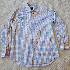 David Donahue Shirt Mens Size 16.5 34/35 Long Sleeve Dress Trim Fit Brown Blue
